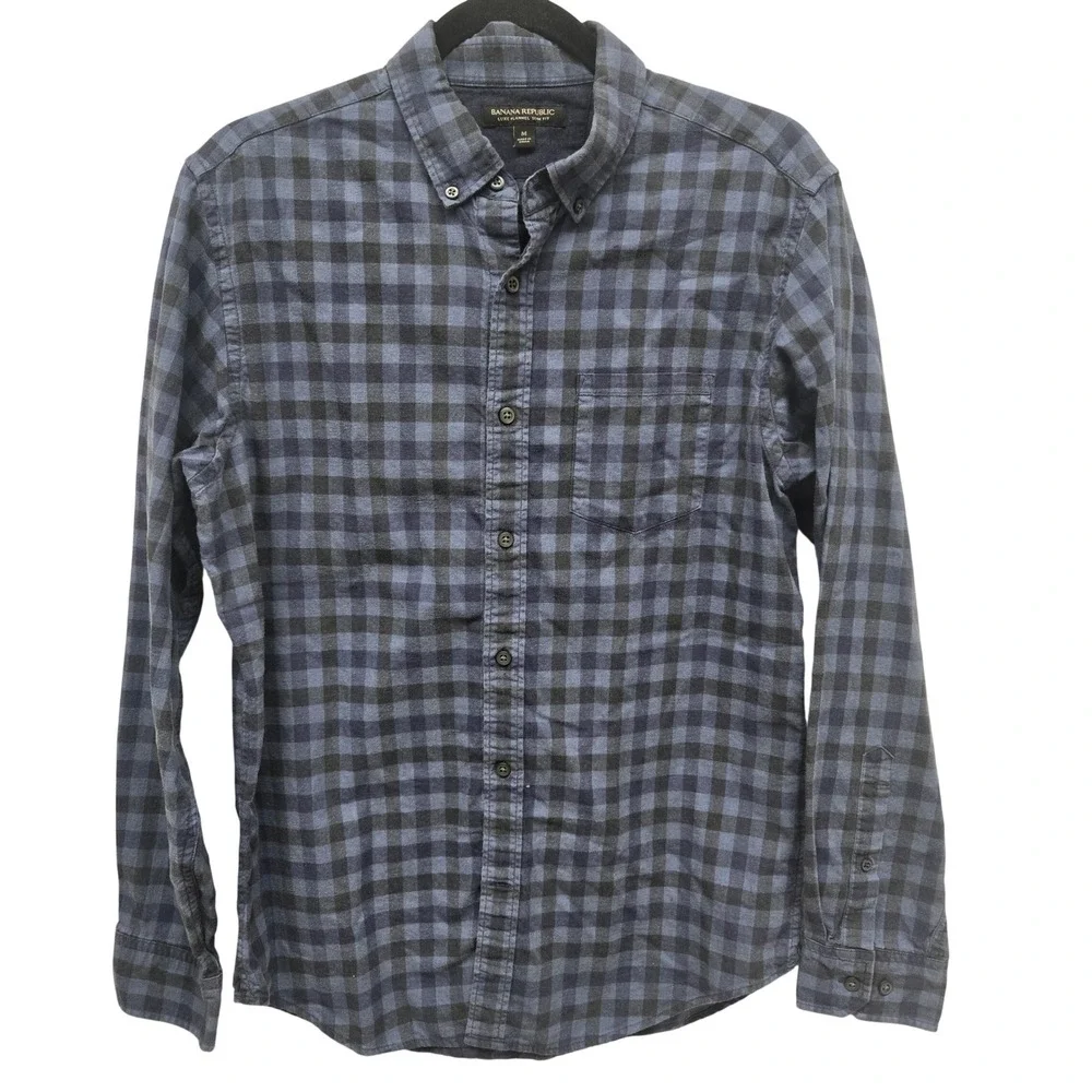 Banana Republic Luxe Flannel Slim Fit Shirt Mens Medium Blue Black Buffalo Check